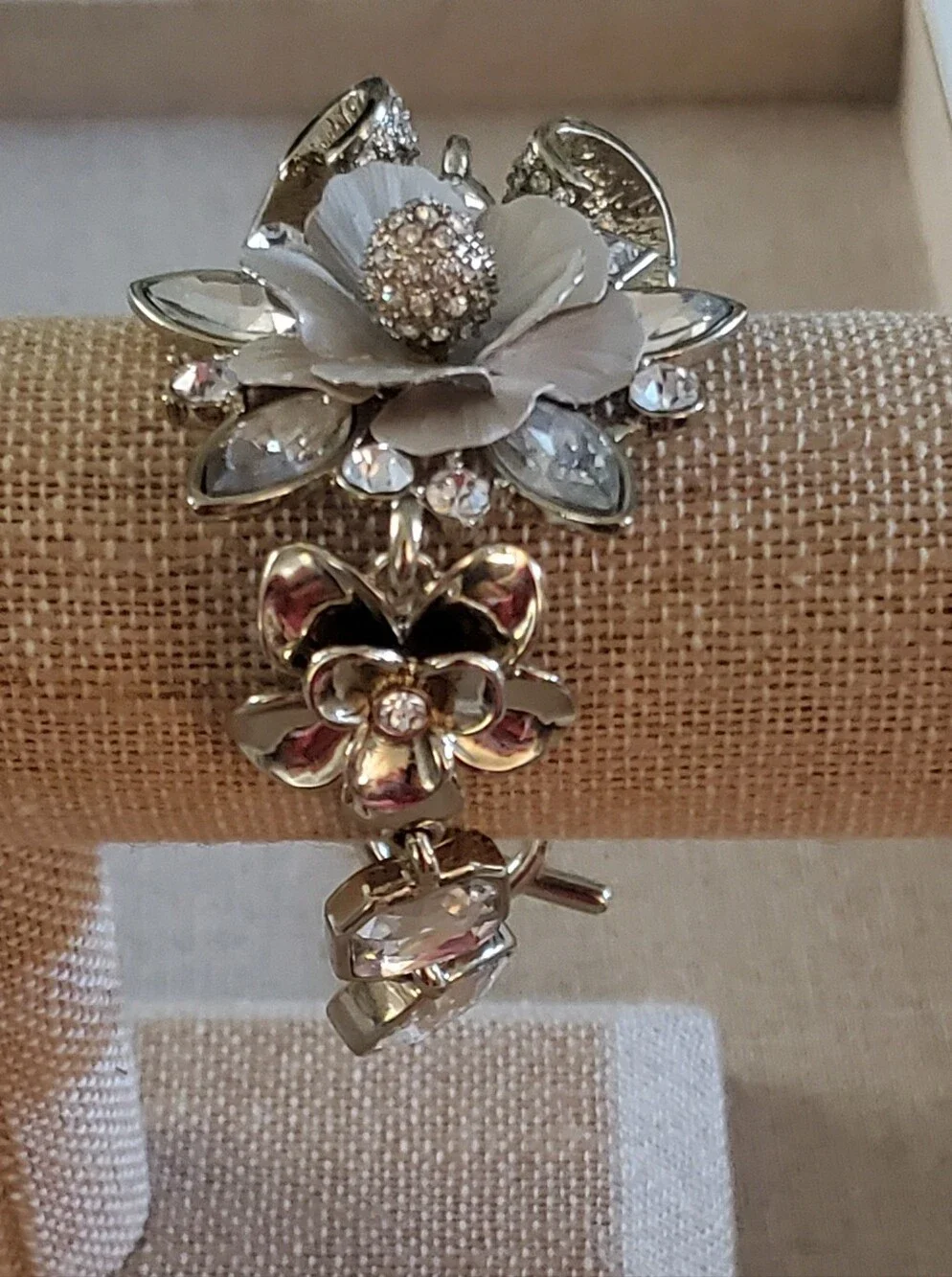 ​WHBM Silver Tone Crystal Rhinestone Floral Bow Statement Toggle Bracelet